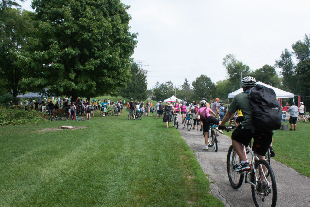 Image description: people on bicycles pedal down the road while a large group of spectators watch.