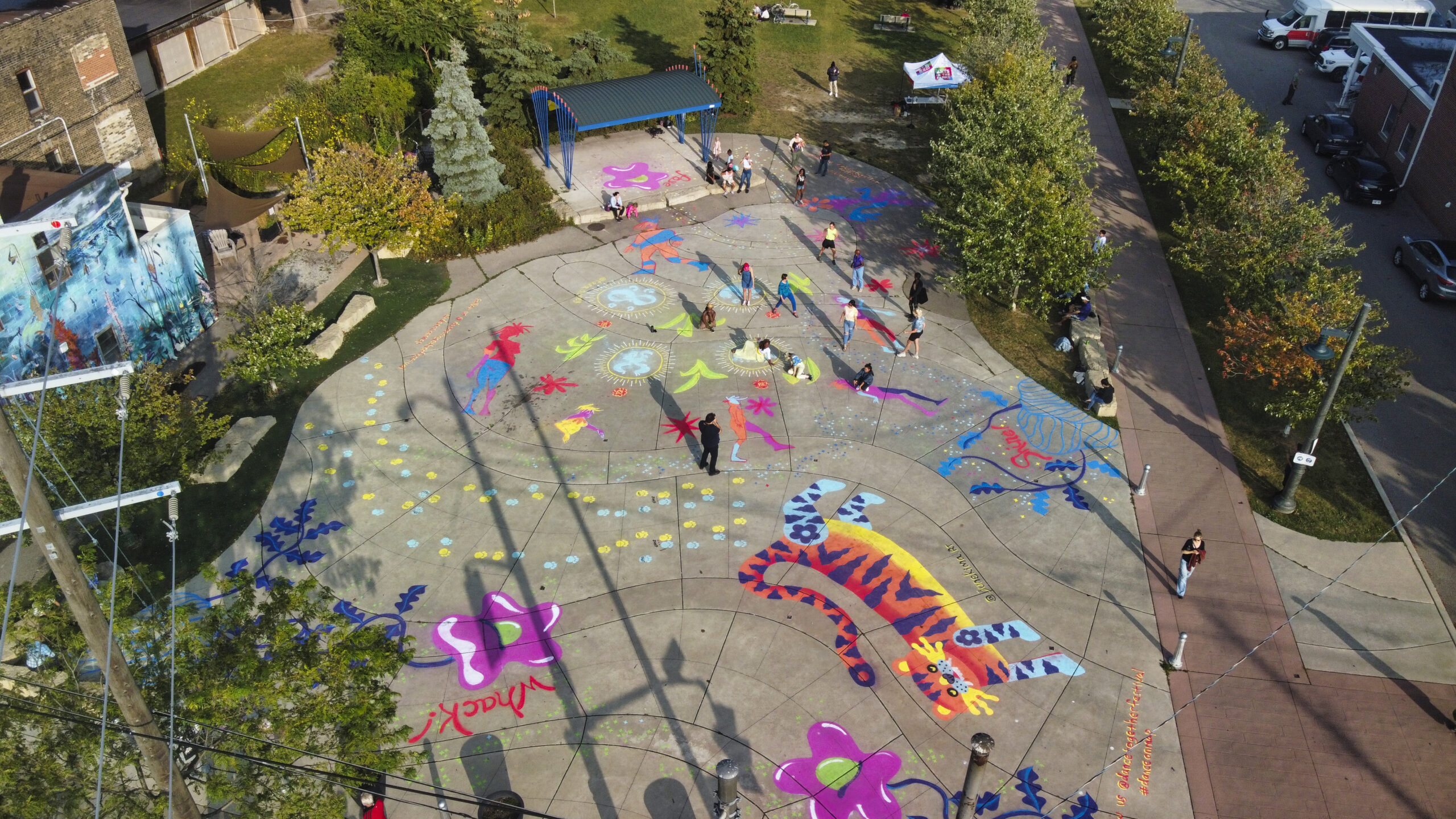 An overhead shot of a large cement area that has been painted with designs of flowers and animals in a variety of colours.