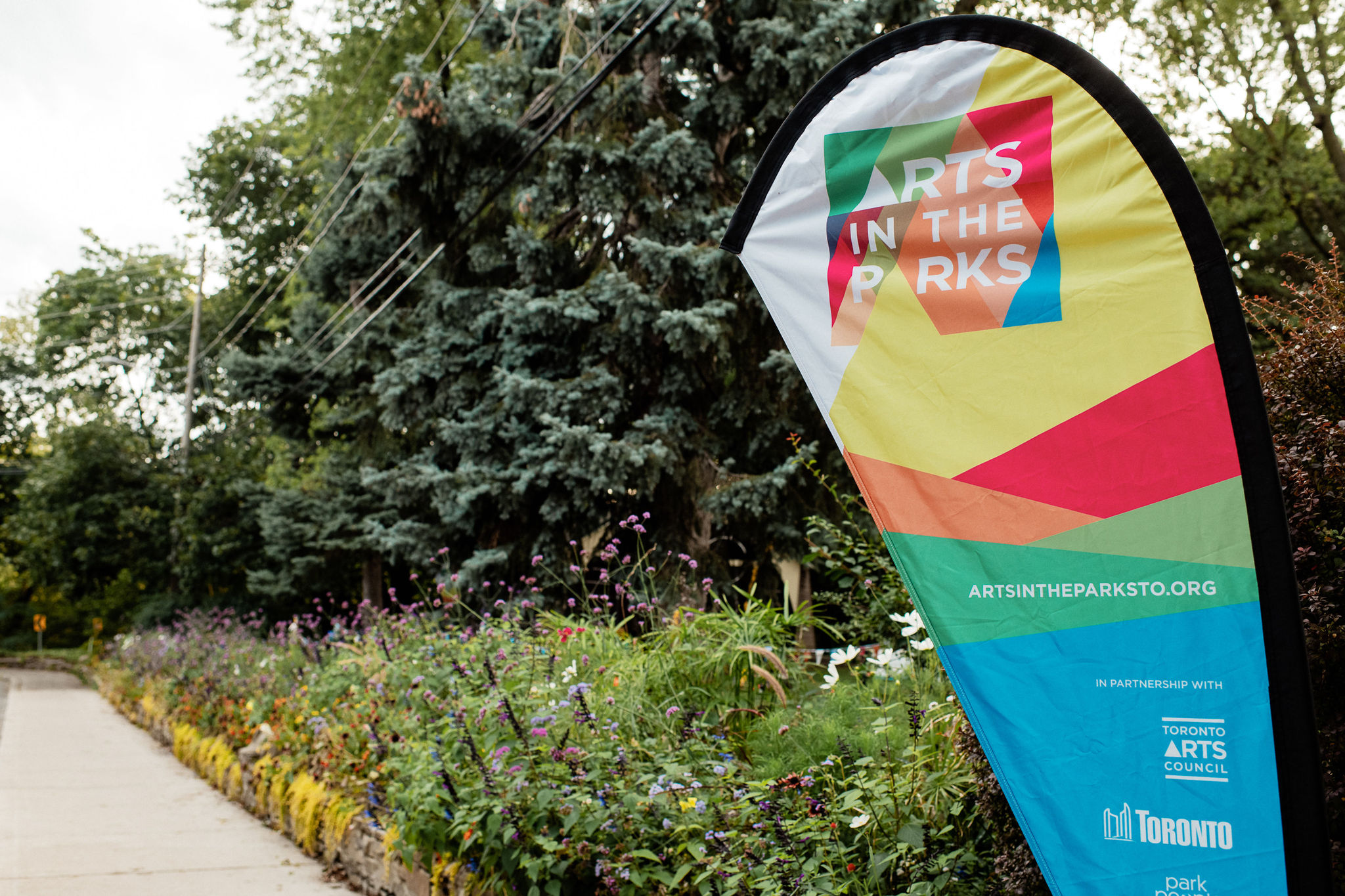 A multicoloured flag that says "Arts in the Parks" stands in front of a wildflower garden and sidwalk.