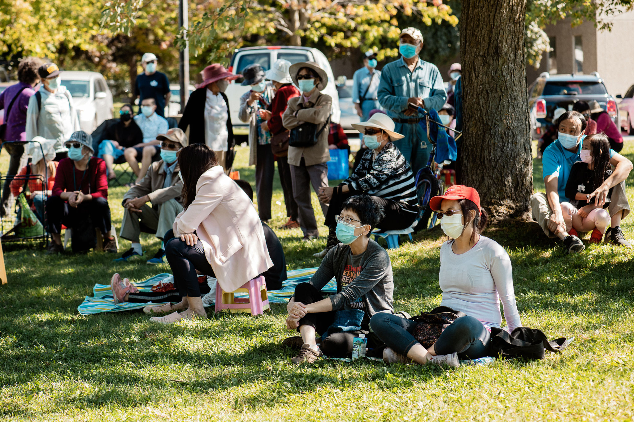 Audience members sit under a group of trees and watch a performance.